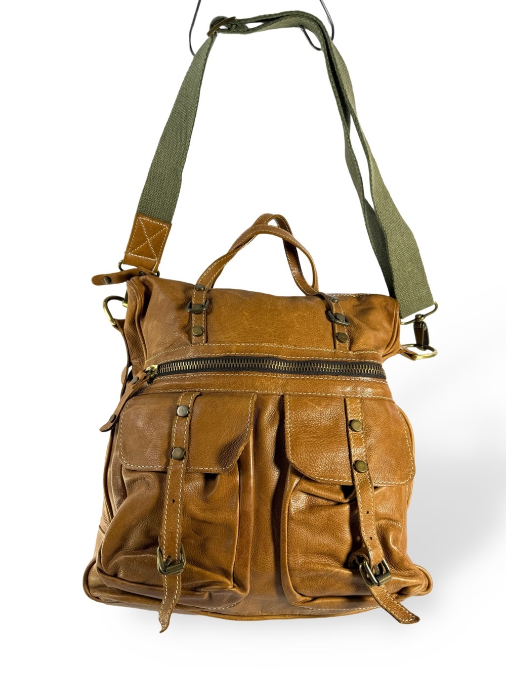 Campomaggi Tan Leather Messenger Backpack with Olive Strap